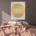 Empty concrete wall in modern and cozy bedroom. Mock up interior in minimalist, contemporary style. Free space, copy space for your picture, text, or another design. Bed, hanging lamps. 3D rendering